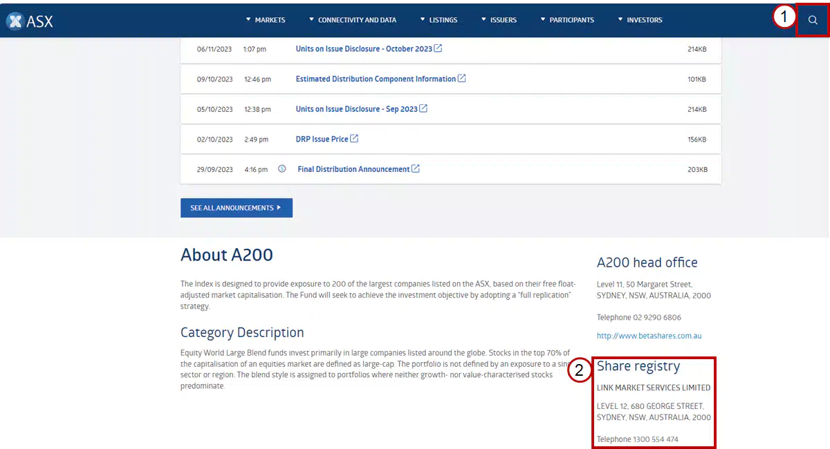 screen shot of asx web page to assist executors with transfer of shares on death of shareholder australia