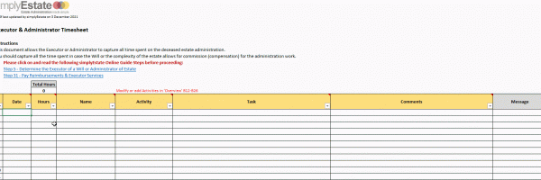 a picture of an executor timesheet to capture the time spent on the deceased estate administration