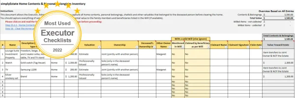 a picture of a home contents and personal belongings inventory list to capture items belonging to a deceased estate