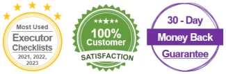 three round icons showing award of most used executor checklists customer satisfaction and money back guarantee
