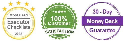 Combined Awards Executor Checklists Money Back Guarantee three round icons showing award of most used executor checklists customer satisfaction and money back guarantee