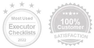 Combined Awards and Executor Checklists Grey two round icons showing award of most used executor checklists and customer satisfaction guarantee in grey