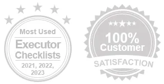 two round icons showing award of most used executor checklists and customer satisfaction guarantee in grey