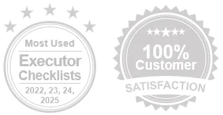 two round icons showing award of most used executor checklists and customer satisfaction guarantee in grey