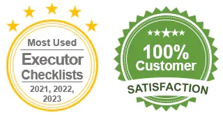 two round icons showing award of most used executor checklists and customer satisfaction guarantee