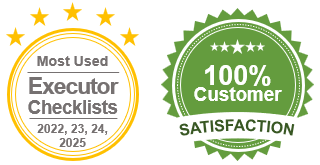 two round icons showing award of most used executor checklists and customer satisfaction guarantee