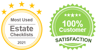 two round banners stating most used executor checklists in 2021 and customer satisfaction