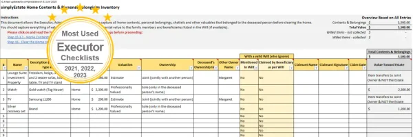 a picture of a home contents and personal belongings inventory list to capture items belonging to a deceased estate