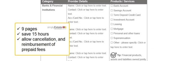 a picture of an estate planning checklists to capture service provider details of a testator