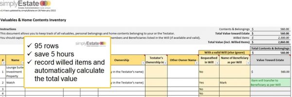 a picture of a estate planning excel spreadsheet to capture personal valuables and home contents belonging to an estate