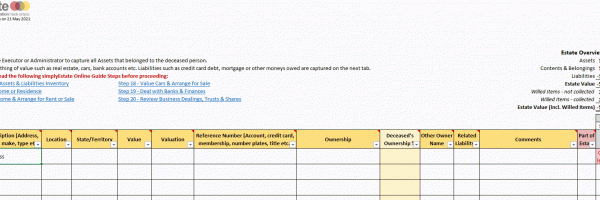 a picture of an assets & liabilities inventory or simple executor accounting spreadsheet allowing executors to capture all assets and belongings of a deceased estate