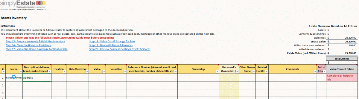 a picture of an assets & liabilities inventory or simple executor accounting spreadsheet allowing executors to capture all assets and belongings of a deceased estate