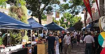 Kalamunda_350x180_40 view of the Kalamunda Markets in the City of Kalamunda in Western Australia showing people walking between market stalls