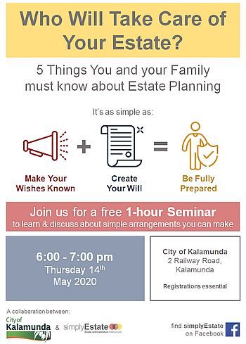 Kalamunda_Flyer-Seminar_350x489_80 a flyer of simplyEstate's free estate planning seminar in the City of Kalamunda providing details about the topic date location