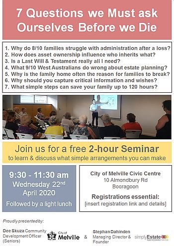 Melville_Flyer-Seminar_350x498_80 a flyer of simplyEstate's free estate planning seminar in the City of Melville providing details about the topic date location