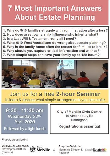 Melville_Flyer-Seminar_350x498_80 a flyer of simplyEstate's free estate planning seminar in the City of Melville providing details about the topic date location