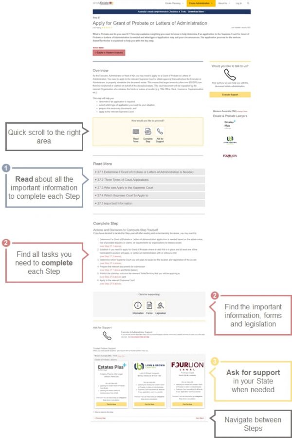 a picture of the simplyEstate deceased esatate administration page layout to help users navigate the page
