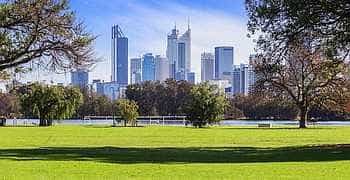 VictoriaPark_350x180_50 view of McCallum Park in Town of Victoria Park in Western Australia showing the Swan River and the Perth CBD